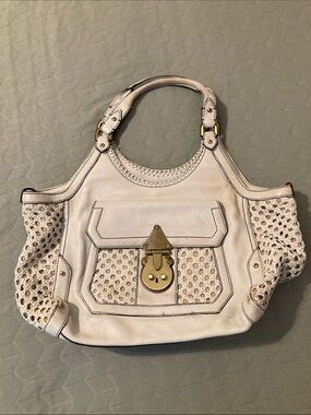 Cole Haan Cream Leather Shoulder Bag with Woven Panels